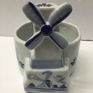 Vintage Windmill Planter Blue & White Ceramic 1994 Geerlings Greenhouse